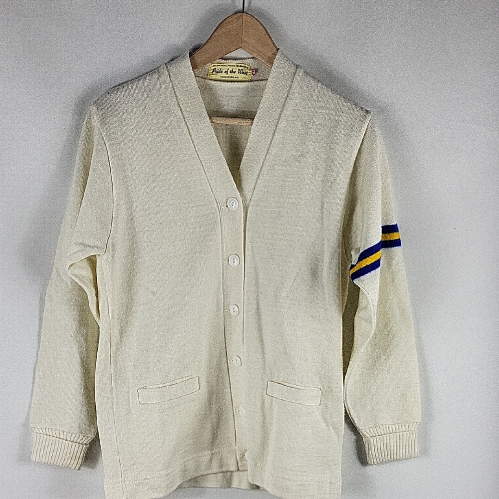 Vintage Cream Wool Cardigan with Blue Stripe